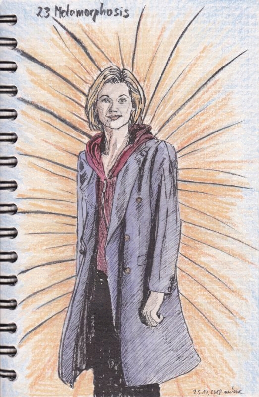 Thirteenth Doctor in a lavender coat and red hoodie, smiling slightly at the viewer